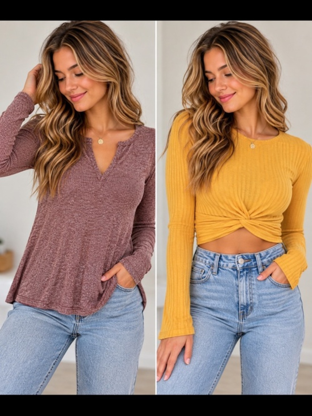 Hollister Ribbed Long Sleeve Top Bundle XS Burgundy Mustard Twist Front